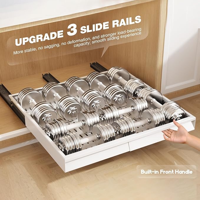 2 Pack Pull Out Cabinet Organizer With Raising Pad for Framed Cabinets,Expandable Width (15"-25") and Depth (17"-24"),3 Slide Rails Slide Out Drawers with Handle,No-Drill Roll Out Shelf,White