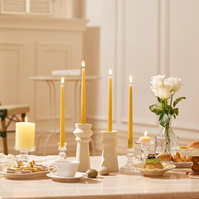 12-Inch Tall Dripless Taper Candles Set of 4 - Lemon Yellow Tapered Candles, Perfect for Spring - Smokeless, Unscented, Long Burning - Hand Poured, Colored Tall Candlesticks - Lenmon