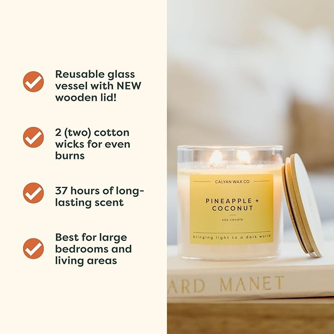 Calyan Wax Co. Pineapple & Coconut 2 Wick Scented Candle - 37 Hour Burn - Luxury Non Toxic Soy Wax Candles - Long Lasting Large Glass Jar Candle for Home - 8.8oz