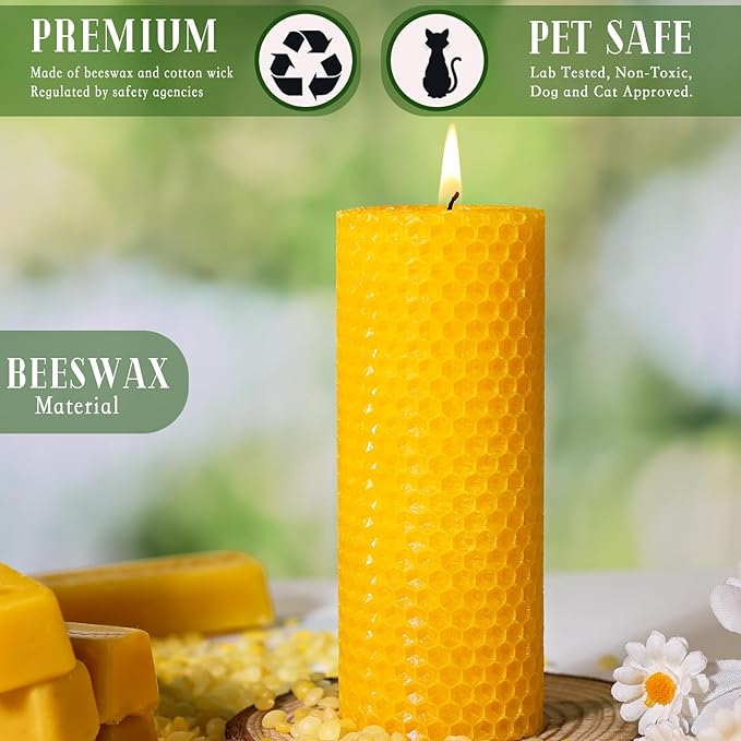 2 Pack Beeswax Pillar Candles, Pure Natural Beeswax Candles, Unscented Bees Wax Candle for Home,Prayer,Dripless Smokeless Organic Pillar Candle (Yellow, 2x5in-2pack)