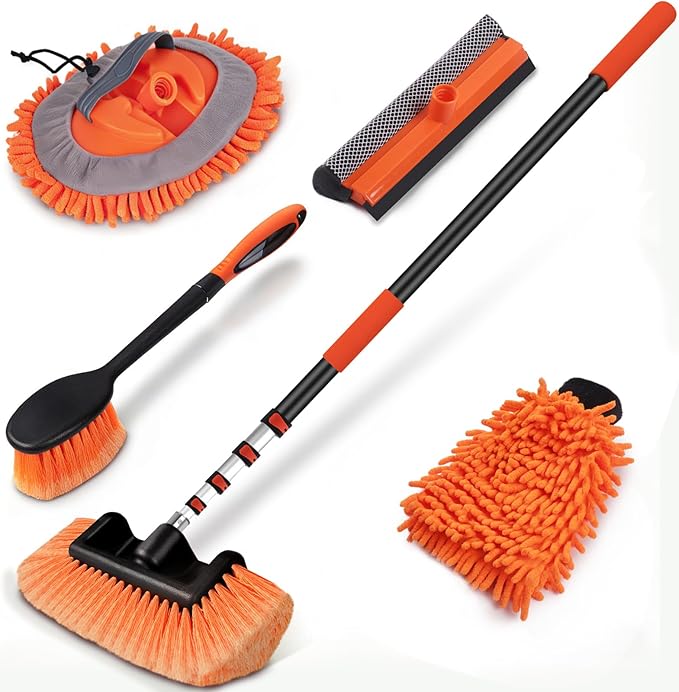 18 FT Reach Car Wash Brush with Long Handle, Car Cleaning Kit with 3-12FT Extension Pole, Soft Bristle Brush, Chenille Microfiber Cleaning Mop&Mitt, Window Squeegee, Wheel Brush for RV, Truck
