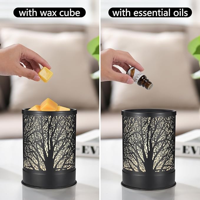 Metal Wax Melts Warmer, 2-in-1 Electric Scented Candle Wax Melter and Cubes, Aromatherapy Essential Oil Burner for Home Décor Office and Bedroom, with LED Light (Black Tree)