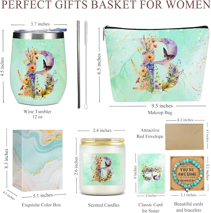 Personalized Gifts Monogrammed Birthday Gifts for Women, Sister Cowerker Mom Boss Day Christmas Appreciation Initial Wine Tumbler Makeup Bag Scented Candle Bracelet Set, (Aesthetic Green Flower B)