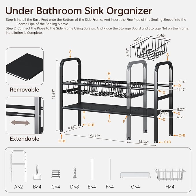 Under Sink Organizer and Storage,2 Tier Expandable Organization and Storage with 4 Panels and 4 Baskets,Cabinet Organizer,Under Sink Shelf,for Kitchen,Bathroom,Laundry Pantry Cabinet,Black