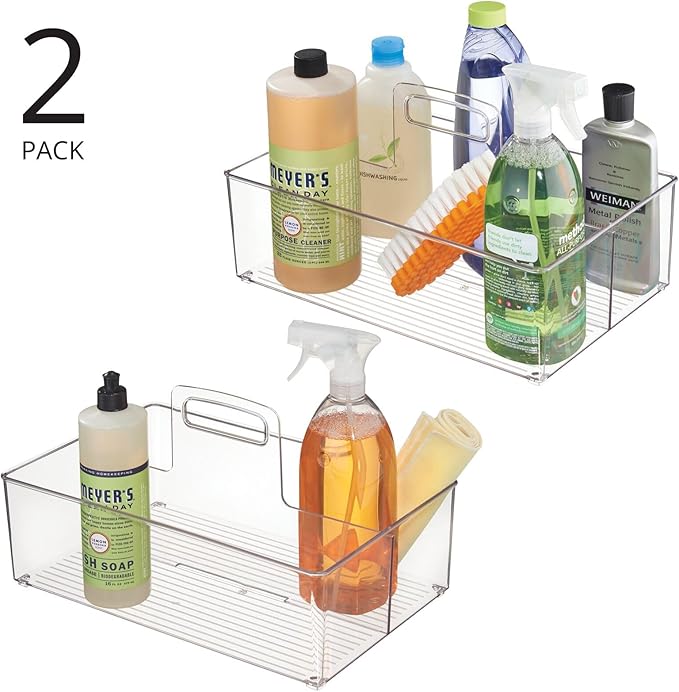 mDesign Large Plastic Divided Portable Storage Organizer Caddy Tote Basket Bin with Handle for Kitchen, Pantry, Countertop, Cabinet, Cupboard - Ligne Collection - 2 Pack - Clear