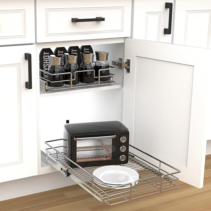 Pulloutor Pull Out Cabinet Organizer - 11" W x 21" D, Slide Out Kitchen Cabinet Storage Shelf and Drawer Organizer, For Home, Pantry, Bathroom, Chrome Finish
