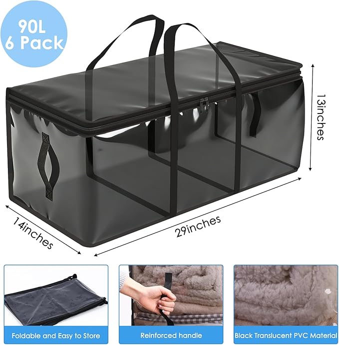 YGEOMER 6 Pack Large Moving Bags with Strong Zipper & Comfortable Handles Heavy Duty PVC Clothes Storage Bags Water-Resistant Storage Moving Boxes for College Supplies(Black, PVC)