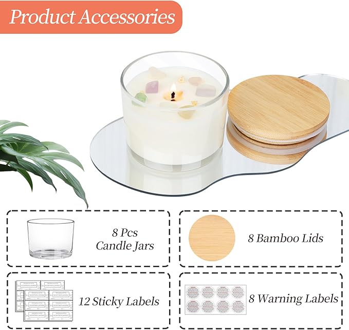 CONNOO 8 Pack 12 OZ Clear Glass Wide Mouth Candle Jars for Making Candles with Airtight Bamboo Lids Nice Sticky Warning Labels for Candle Making Empty Container Bulk - Dishwasher Safe