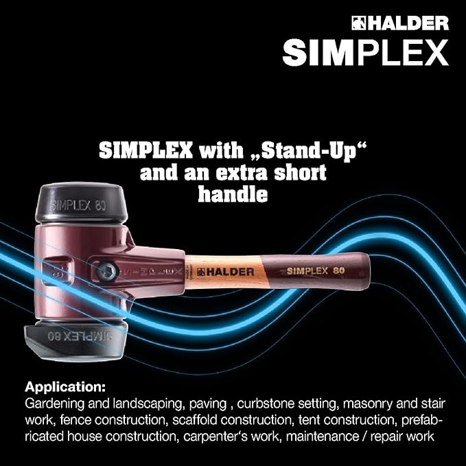 Halder Simplex Soft-Faced Mallet 3022.282 – Medium-Hard "Stand-Up" Rubber Inserts, Cast Iron Housing with Handle Protection Sleeve, Extra Short Hickory Handle, 80mm, 6.2 lbs.