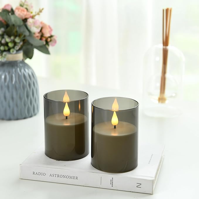 Flameless Flickering Candles, Non-breakable Battery Operated Candles, D 3" x H 6", Set of 2, Led Acrylic Grey Electric Pillars Candle with Remote and Timers for Wedding Party Romantic Decor