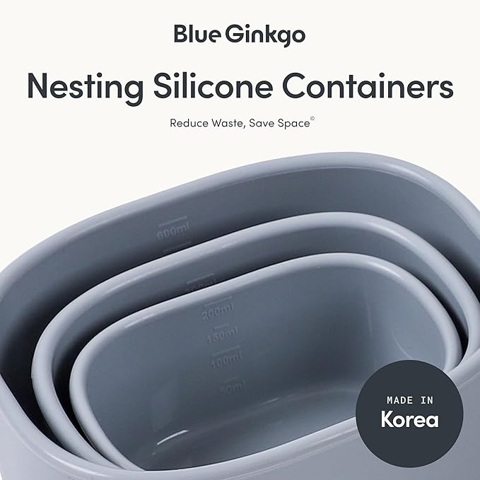 BLUE GINKGO Nesting Silicone Containers - Set of 3 Hard-Shell Silicone Food Storage Containers | BPA Free, Airtight, Dishwasher and Freezer Safe (6.7oz, 10oz, 20oz) - Grey
