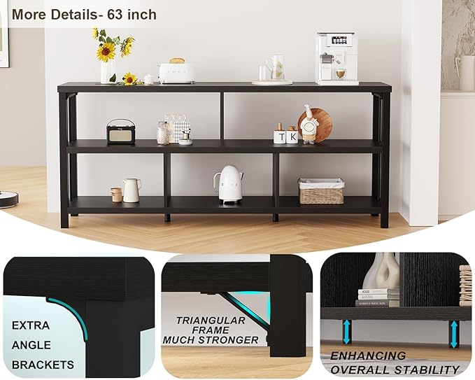 IBF 63” Black Bookshelf, Industrial Long Open Horizontal Cube Book Shelf, Low Wide Home 5 Cube Storage Organizer Shelf for Bedroom, Wood and Metal Cubby Bookcase for Living Room, Black Oak, 63 Inch