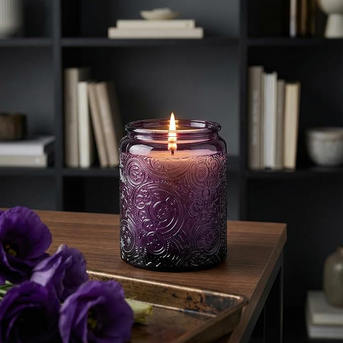 9-Pack 8oz Embossed Glass Candle Container with Bamboo Lids and Labels, Purple Candle Jars for Making Candles, Sun Moon Star Design