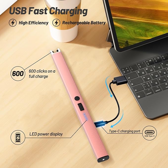 Candle Lighter, Windproof Electric Lighter with Safety Lock, USB Type-C, Rechargeable, Led Display, Lighters for Candle, BBQ, Camping, Festivals (Rose Gold)