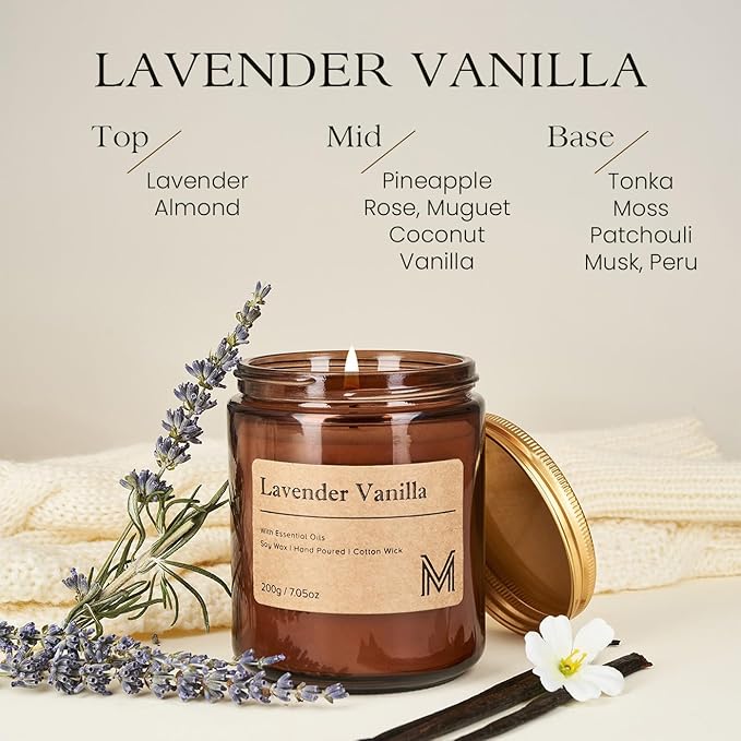 M&SENSE LavenderVanilla Scented Christmas Candle Gift, Aromatherapy Candle Set for Women, Soy Wax Candles Home Scented, Long Lasting Amber Jar Candles Gift for Christmas, Thanksgiving, Holiday