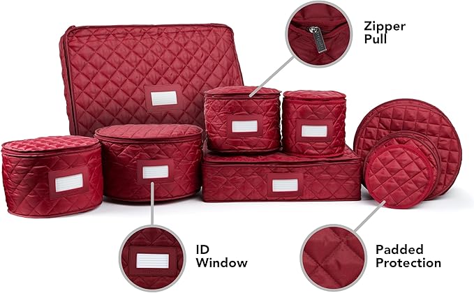 Covermates Keepsakes Dish Storage Set – Padded China & Dinnerware Storage Cases with Dividers, Cup & Stemware Storage, Quilted Polyester Protection, ID Window, Red