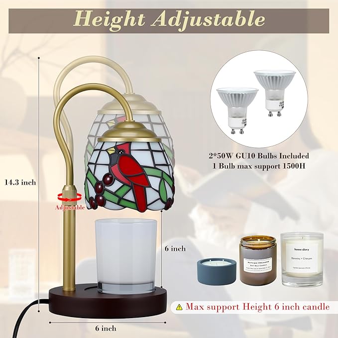 Candle Warmer Lamp with Timer Dimmer, Adjustable Height Candle Warmer for Jar Candles, Birthday Gifts for Women New Home Bedroom Decor Tiffany Red Cardinal Style Stained Glass with 2 Bulbs