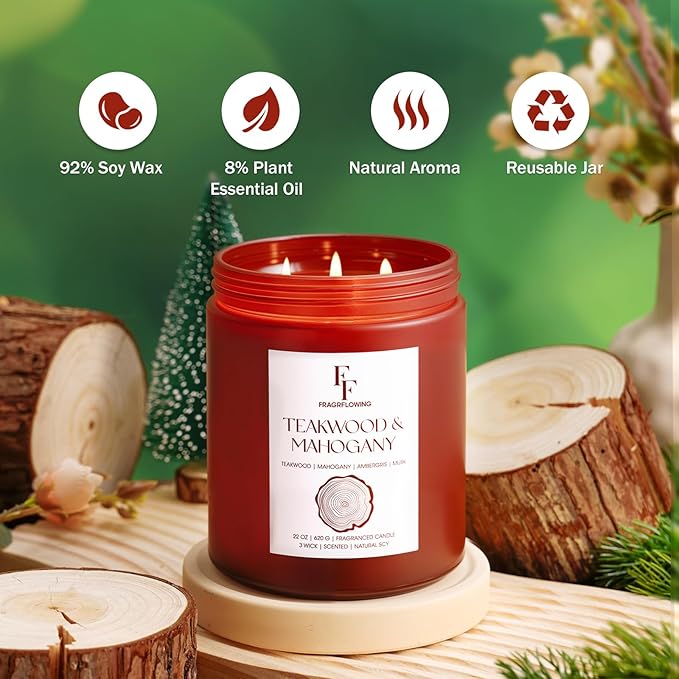 Teakwood & Mahogany Large Christmas Scented Candle, 3-Wick 22oz Long Lasting Scented Candle, Natural Soy Wax Aromatherapy Candle for Home, Holiday Candle Gifts for Women Men