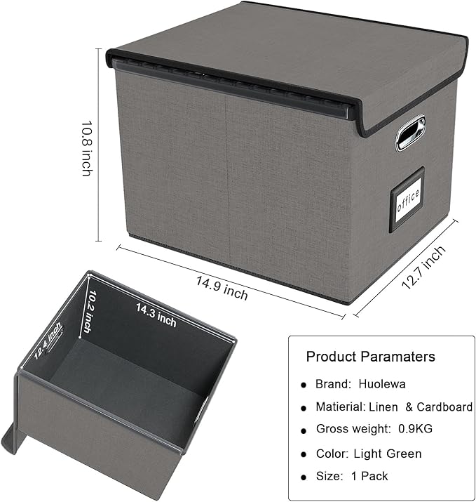 Huolewa File Organizer Box with Lid, Collapsible File Folder Organizer for Office Document Storage, Filing Box with Plastic Slide for Letter Size Hanging File Folders(1 Pack, Smoky Grey)
