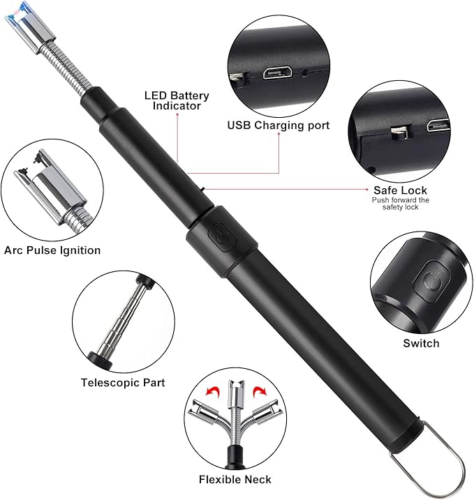 Navpeak Candle Arc Lighters Long Flexible Neck 70cm Rechargeable Telescopic Electric Flameless Lighter for Kitchen Fireplace Pilot Light BBQ Stove (Black)