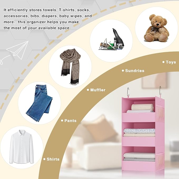 3-Shelf Hanging Closet Organizer and Storage, Foldable Hanging Closet Shelves Front Lip Design Washable Hanging Storage, Pink