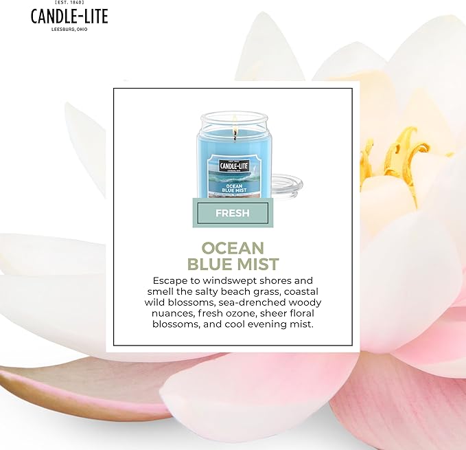Candle-lite Scented Candles, Ocean Blue Mist, 18 oz Jar, Proudly Poured in The USA, Aromatherapy Candle, Single-Wick with 110 Hours of Burn Time, Perfect for Creating a Relaxing Ambiance