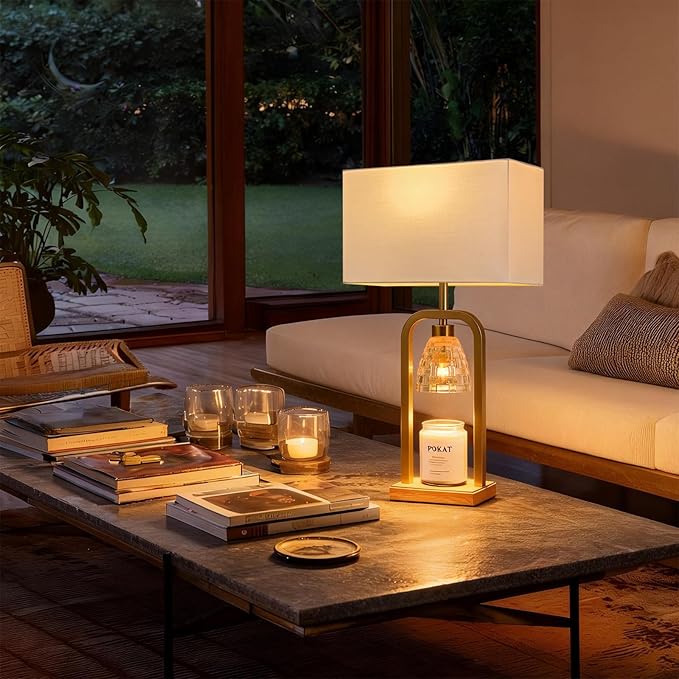 PoKat Gold Table Lamp Candle Warmer, Candle Warmer Lamp with Timer Dimmer, Wax Light Warming Table Lamp for Jar Candles, Modern Bedside Lamp for House Warming Home Decor Living Room, Bulb Included