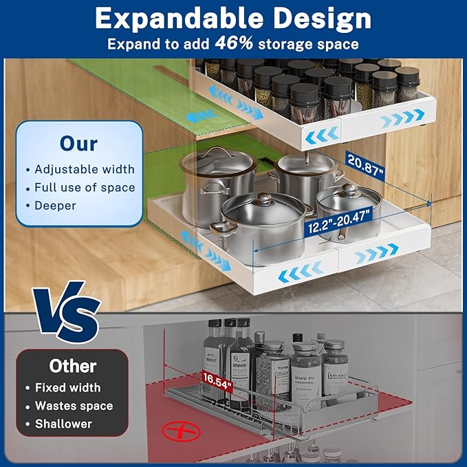 Pull Out Cabinet Organizer Expandable Width(12.2"-20.47") & 21"Deep, Insputer No Drill Adhesive Slide Out Drawers with Upgrade 3 Slide Rails, Magnetic Panel, Roll Out Shelf for Kitchen, Pantry White