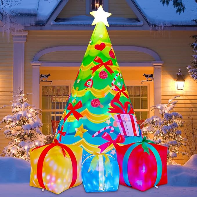 COMIN 7 FT Christmas Decorations Inflatables Tree Outdoor Blow Up Yard Gift Box with Built-in LEDs for Indoor Party Garden Lawn Decor
