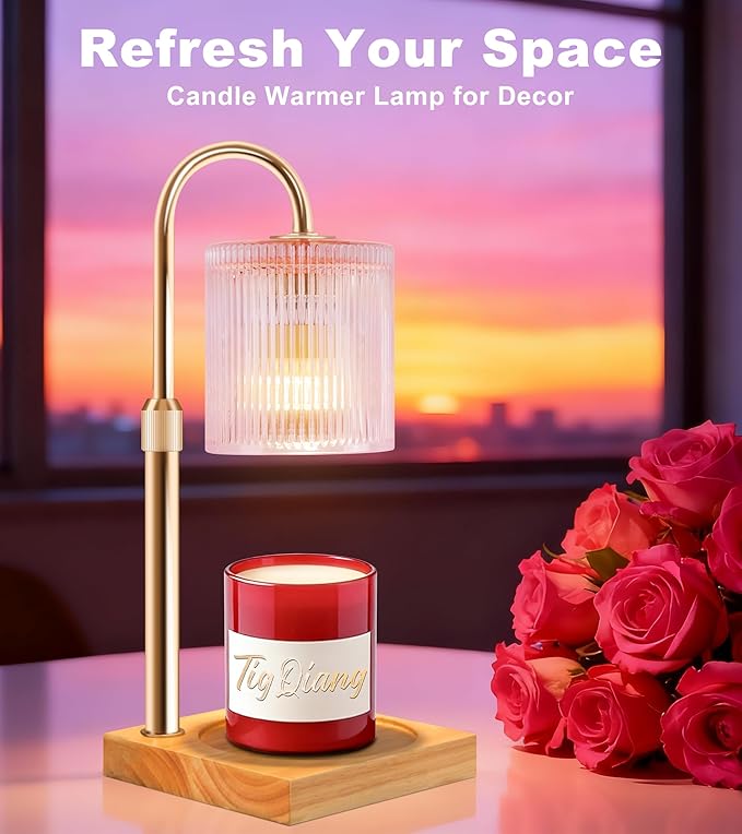 Candle Warmer Lamp, Candle Lamp Wax Warmer Heating, Timer & Dimmer 7-Levels, Fits Cup Jar Candle, Top Melting, Crystal Heater Lamp for Scented Wax, Elegant Home Decor, Pink Glass