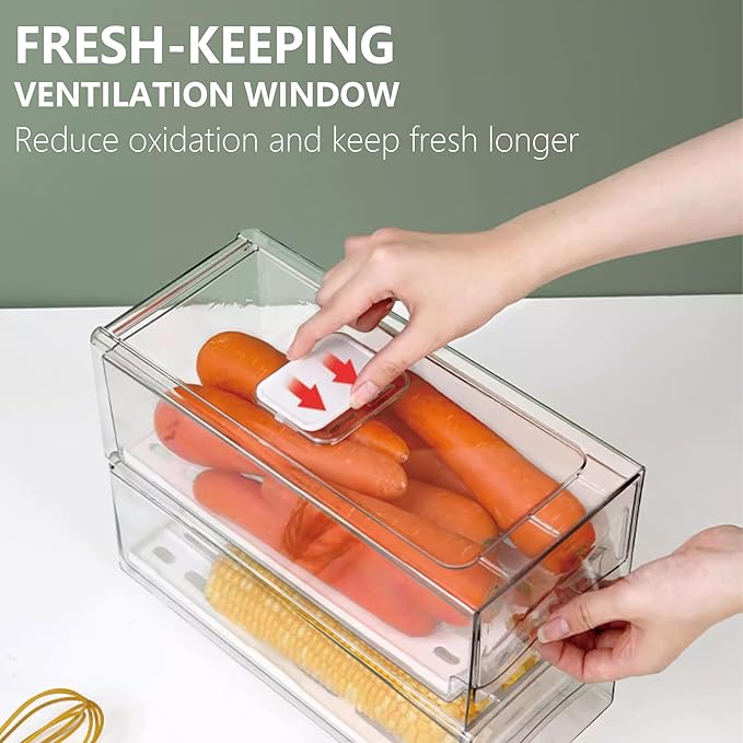 2 Pack Fruit Storage Containers for Fridge, Stackable Refrigerator Organizers and Storage,Reusable Storage Containers Clear Fridge Drawer for Produce,Vegetable in Home Kitchen, Restaurant,BPA-Free