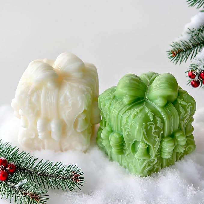 Wehous 2PCS Gift Box Candle Molds, Delicate Christmas Bell Embossed Silicone Molds for Candle Soap Wax Epoxy Resin, Holiday Fondant Chocolate Cake Dessert Mold, Christmas Ornament Art Craft Mold