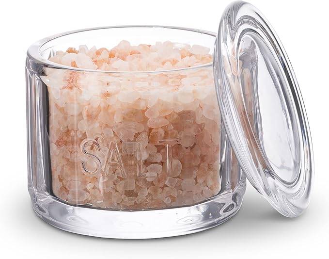 KooK Glass Salt Cellar, with Lid, Embossed Pressed Glass, Clear Storage Container, for Coffee, Sugar, Spices and Candies, Dishwasher Safe, 10 oz (Clear)