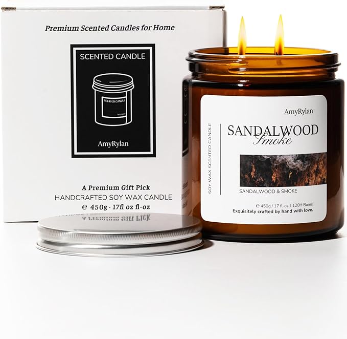 2 Wicks 17oz Large Non-Toxic Soy Wax Scented Candle, Sandalwood&Smoke 120 Hours of Burn Time, Long Lasting Candle for Gift, Cost-Effective Candle for Home Fragrance, Aromatherapy