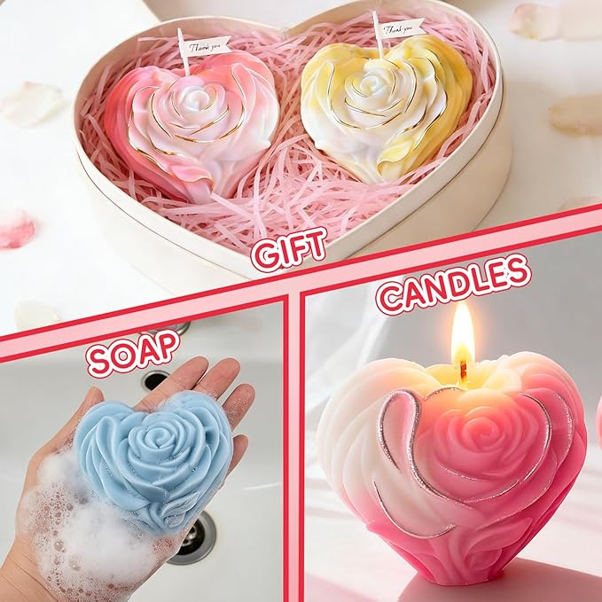 Rsoe Candle Molds, 3D Heart Shaped Rose Flower Silicone Molds for Candle Making, Handmade Soap, Love Roses Resin Casting, DIY Home Decor Valentine's Day Mothers Day Gift