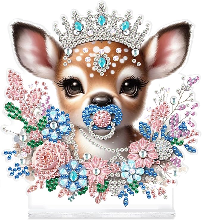 antor Diamond Painting Desktop Ornament Kit, Acrylic Diamond Art Tabletop Decoration, Special Shape Crystal Diamond Painting Desk Figurine Decor DIY Crafts Gift, Deer with Crown