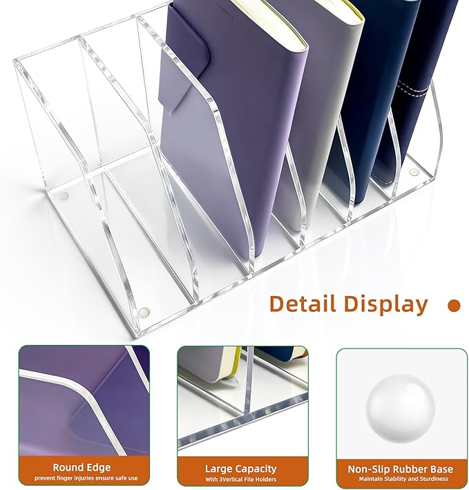 Acrylic Magazine File Holder, 6 Vertical Compartments Desk Document Sorter Organizer, Clear Folder Rack Binder for Office, Documents, Tablets, Magazines, Books – Home/Classroom Rack