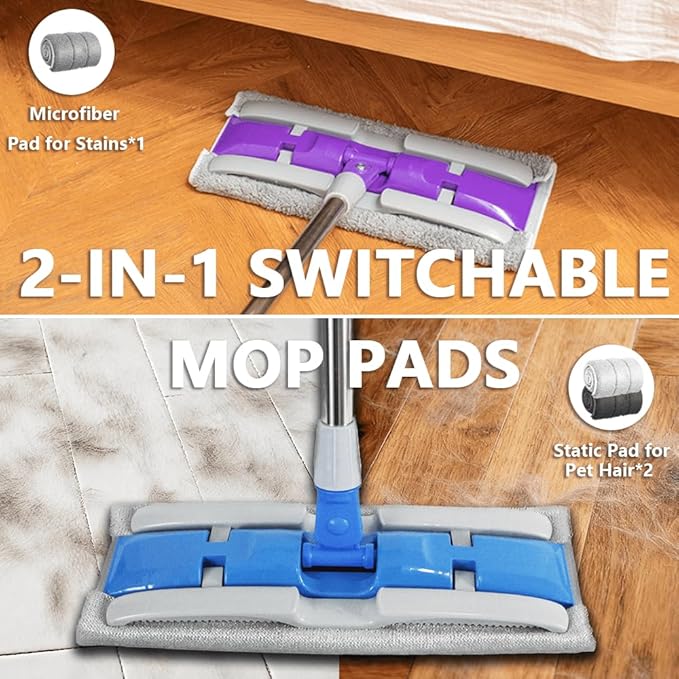 Electrostatic Pet Hair Clip-On Mop,One Swipe Captures All Pet Hair & Dust-2 Reusable Pet Hair Removal Cloths+1 Fiber Cleaning Cloth,57-Inch Adjustable Handle,Suitable for Large Home Areas&Under Sofas