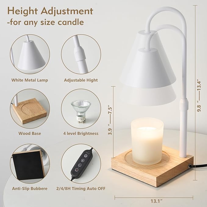 Electric Candle Lamp with Timer: Adjustable Height for All Size Jar Candles, Dimmable Light with 2 Bulbs for Bedroom Home Decor, Gifts for Women, White
