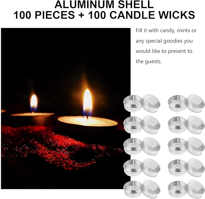 DOITOOL 100 Pcs Aluminum Tea Lights Cups, Round Empty Case Candle Wax Containers Candleholder, Metal Tea Light Tins with 100 Pcs Candle Wicks for Christmas Wedding Holiday Table Decoration