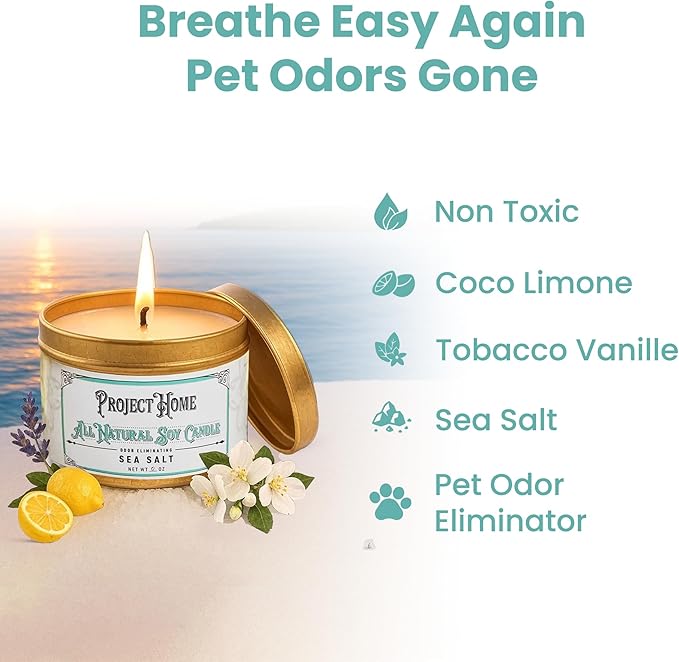 Sea Salt Pet Odor Eliminator Candle, Ocean Breeze Scent, 6oz, Eco-Friendly Soy Wax, Made in USA, Pet-Safe, Natural Odor Removal Candle, Non-Toxic, Phthalate-Free, Cotton Wick