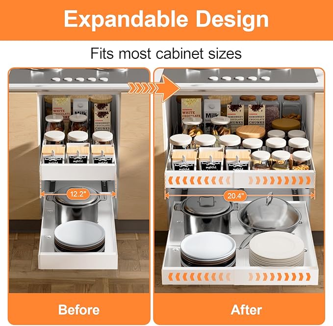 1 Pack Pull out Cabinet Organizer Expandable Width(12"-20") and 21"Depth, No Drill Adjustable Slide Out Drawers for Kitchen, Cabinets With 3 Slide Rails,Magnetic Panel, Adhesive Roll out Shelves