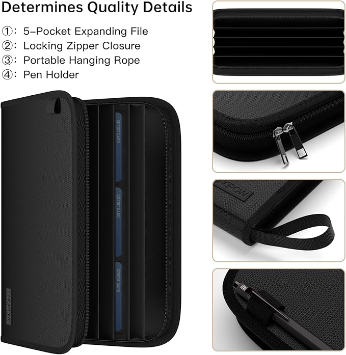 ENGPOW Expanding File Folder with Multi-Function Pockets,Fireproof File Organizer Accordion Document Organizer with Letter A4 Size Storage For Important Document,Money,Card,USB,Passport,5-Pocket,Black