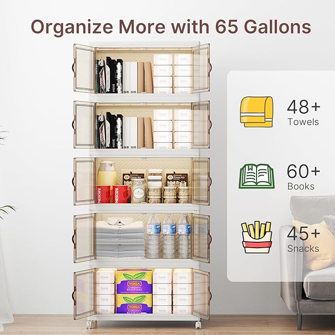 UAMFURI Stackable Storage Bins with Lids, 240QT Closet Organizers, Lockable Storage Cabinet, Foldable Storage Box with Doors and Wheels, Plastic Drawers for Home, Garage, Office (5, White, Medium)
