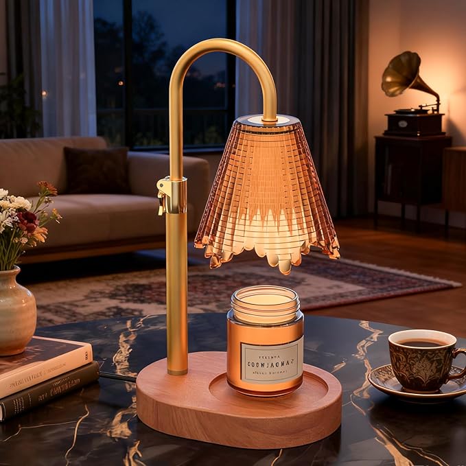 Candle Warmer Lamp with Adjustable Height - Flameless 4-Level Dimmable Wax Warmer with Colorful Glass Shade & Wooden Base, Timer Function & Stylish Design in Multiple Colors (Brown2)