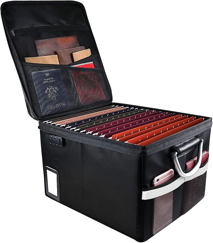 TOMKID Fireproof Document Box, Fireproof File Box with Lids, Important Document Organizer Box with Lock, Portable File Folder Organizer with Handle