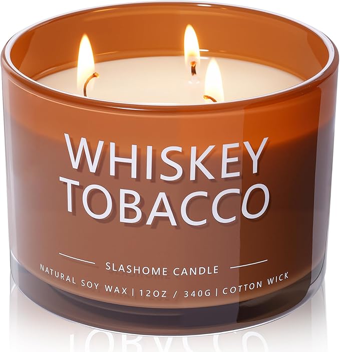 Whiskey & Tobacco Scented Candle, Luxury Large 3 Wick Soy Candle 12 Oz, 60+ Hour Long Lasting Clean Burn, Elegant Aromatherapy Home Decor, Housewarming & Birthday Gift for Men & Women