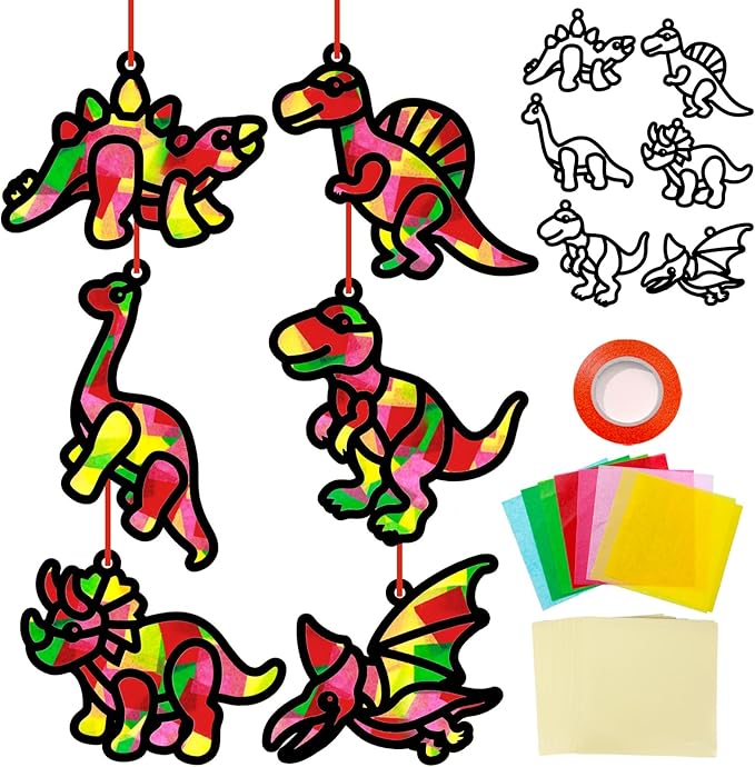Qyeahkj 36 Set Dinosaur Suncatchers Crafts for DIY Dinosaur Tissue Paper Crafts Window Stained Glass Effect Dino Hanging Decor Home Creative Activity Art Projects Birthday Party Favor Gift