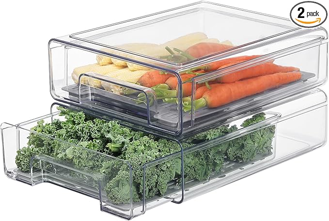 Pull Out Clear Fridge Organizer Drawers with Drainer, Refrigerator Stackable Storage Bins for Kitchen Fruit & Veggie Organization (2PCS, Medium)