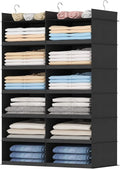Lifewit Dual-Row Shelf Hanging Closet Organizer and Storage, Clothes Shelves with 3 Sturdy Hooks for Clothing Organization, Foldable Container Hold Up to 36 Sweaters, 6 Tier 12 Sections, Black